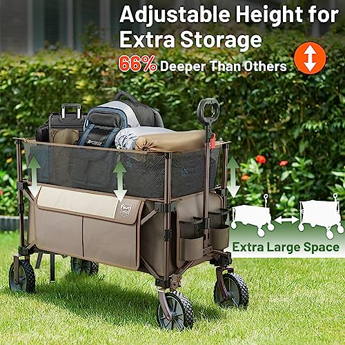 Timber Ridge Extra Large Collapsible Folding Wagon Carts, Heavy Duty Outdoor Camping Garden Utility Wagons With Extended Height, Adjustable Handle, Cup Holders(Tan) #TOP4