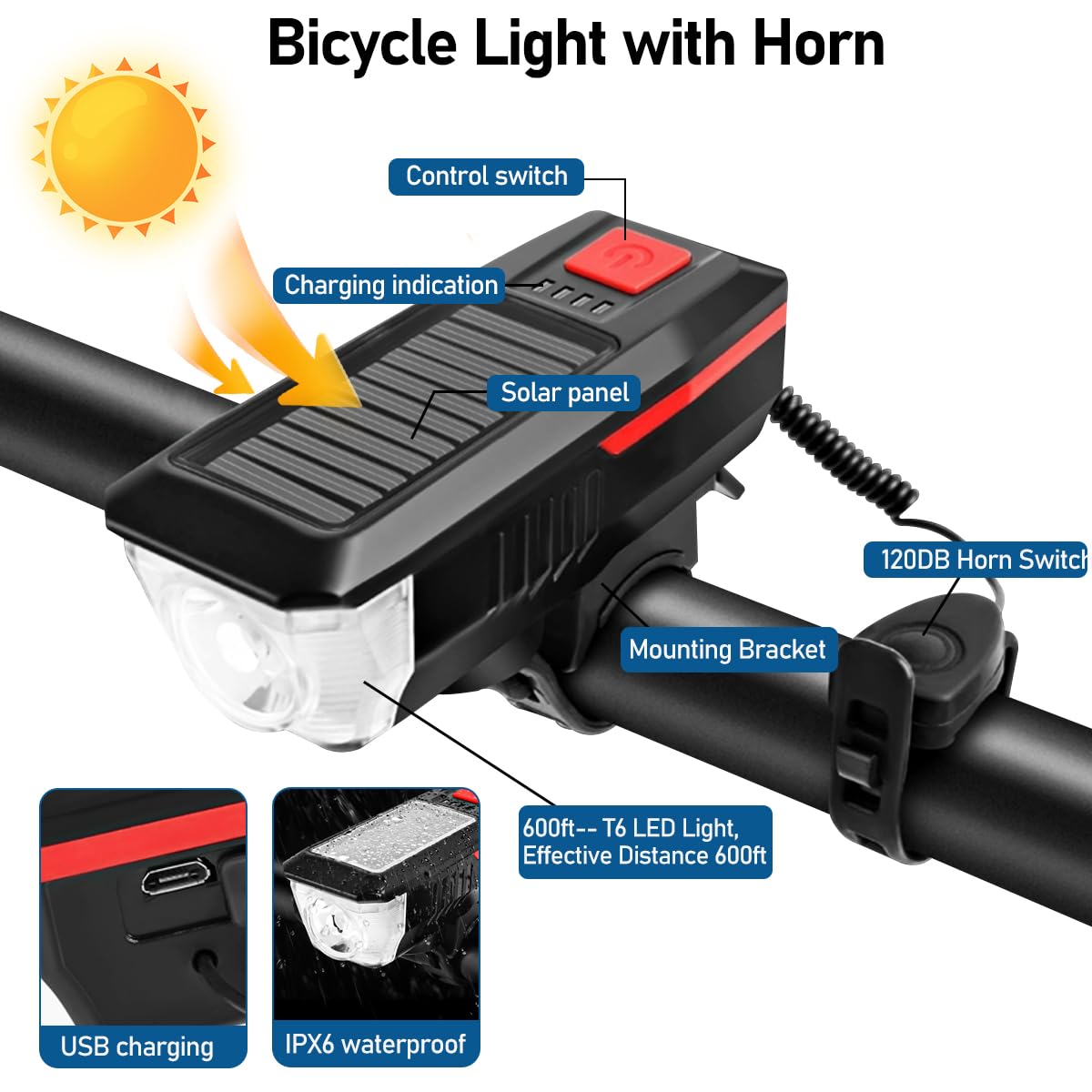 LEDHOLYT Luci solari ricaricabili della bici, luci ultra luminose della bicicletta di notte