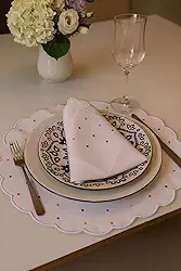 Jogo Americano, 4 Peças com Guardanapos, Bordado Artesanal em Algodão 100%, Branco com Póa Colorido, 36cm Diâmetro