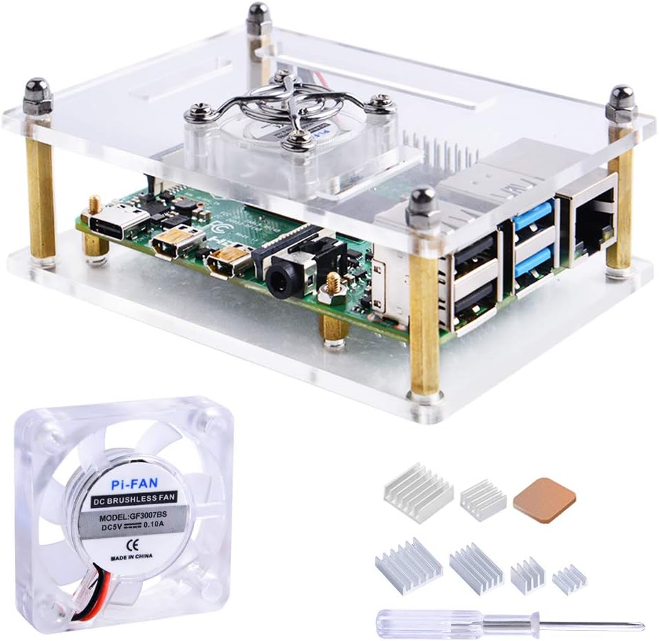 GeeekPi Acrylic Case for Raspberry Pi 4 Model B & Raspberry pi 3 Model B+ Raspberry Pi Case with Cooling Fan Heatsink for Raspberry Pi 4 Model B/Pi 3B+/ Pi 3B/ 2B Clear
