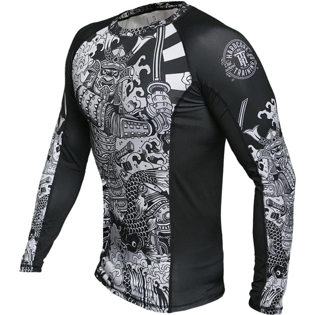 Hardcore Training Rash Guard Mężczyźni Kompresja Koszulka Długi Rękaw BJJ MMA No-Gi Obcisła Grappling Boks (DE/NL/SE/PL, Alfa, XS, Regularny, Regularny, Biały/czarny)