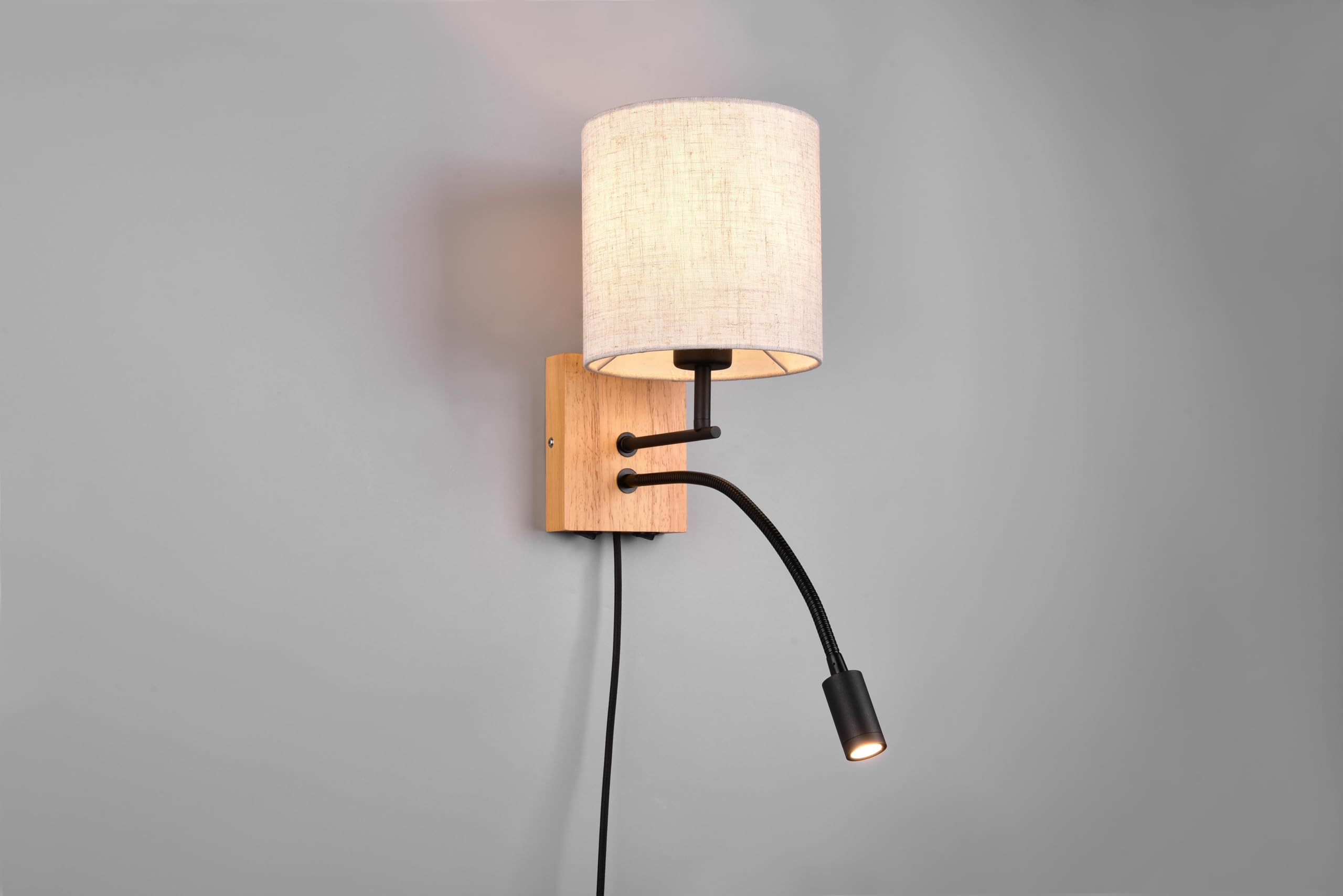 Trio Leuchten Wandleuchte Nilam 212879236, Holz naturbelassen, Schirm Stoff, exkl. 1x E27, Lesearm inkl. 3.1 Watt LED, Flex Connect, Weiß