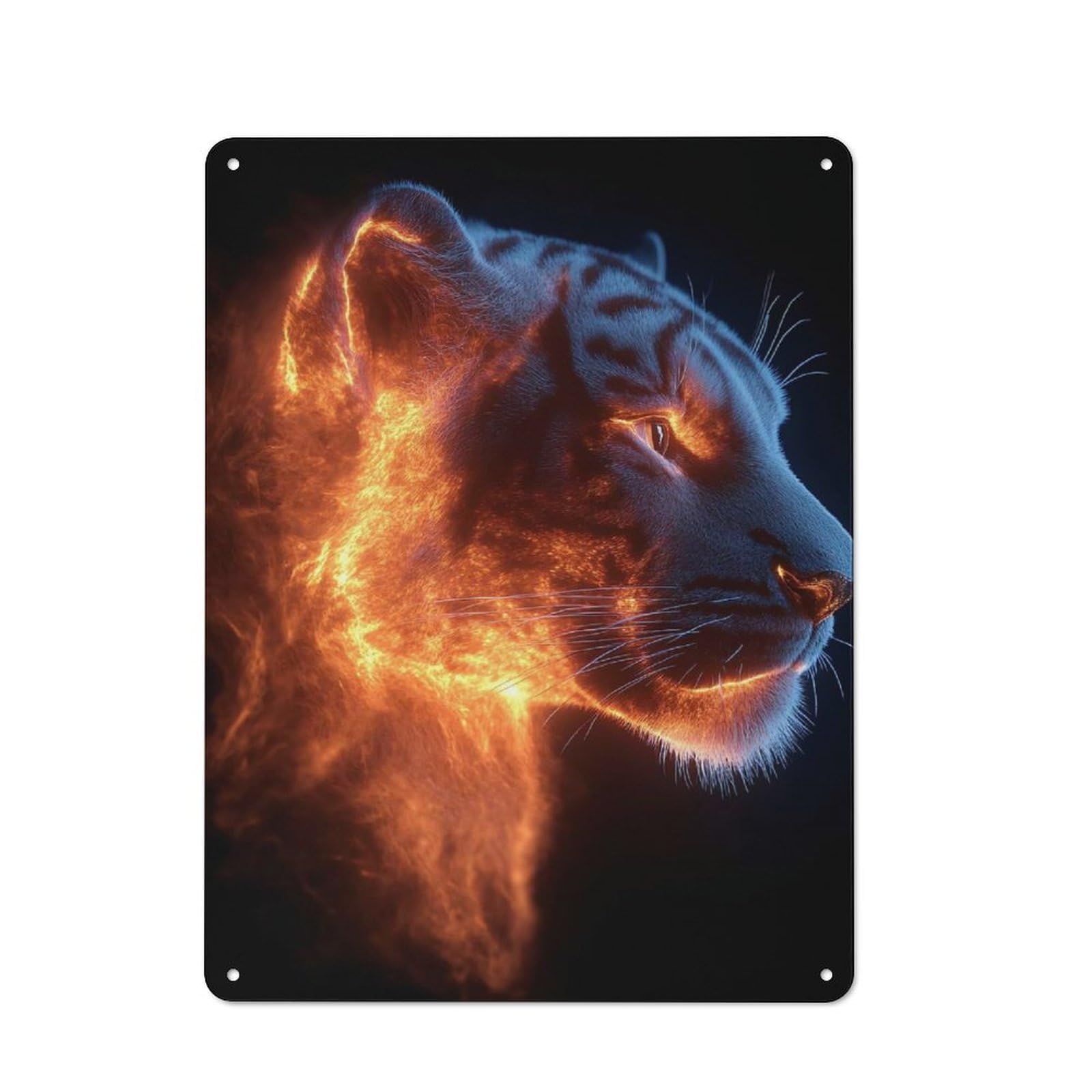 Junmoney Style-12 Metal Wall Sign 40X30cm Featuring Fiery Tiger Portrait On Black Background For Pub Or Café, Housewarming Wall Decor For People Furnishing Pub And Café