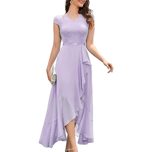 Bbonlinedress Women's V-Neck Dress for Women Wedding Guest Hi-Lo Floral Lace Prom Cocktail Party Formal Bridesmaid Dress