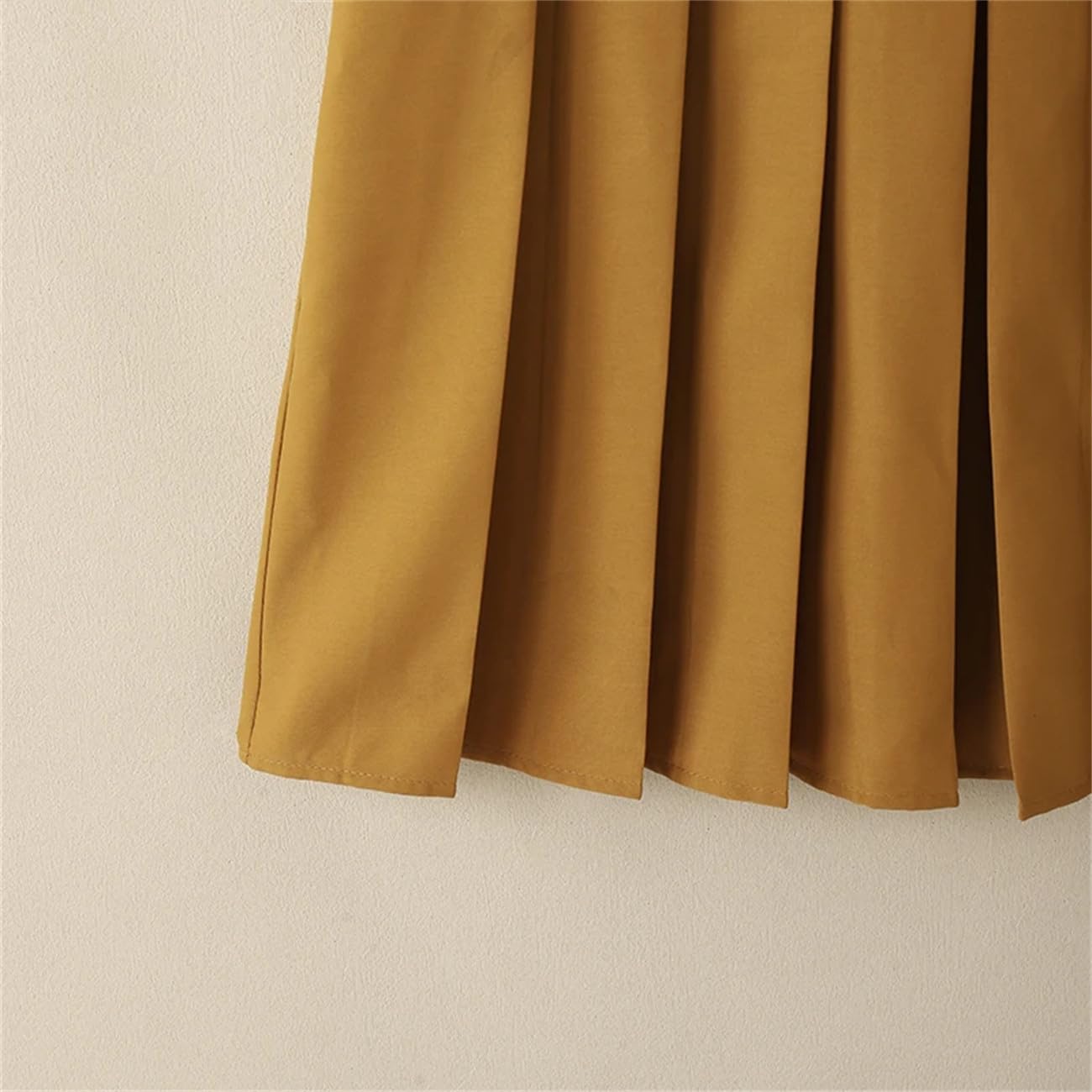 Elegante A-Line Midi Abiti Moda Donna Vita Alta Risvolto Collo Pieghe Vesti Femme Manica a Sbuffo Breve Abito Solido
