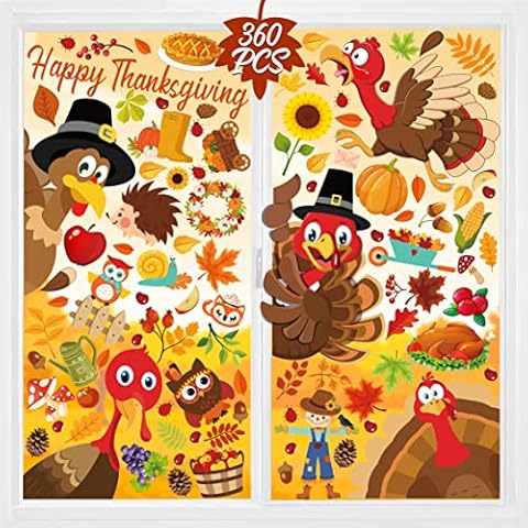 260PCS Thanksgiving Window Clings Turkey Decorations Fall Decor - Autumn Party Supplies Maple Leaves/Pumpkin/Corn/Solgo/Owl for Home Cover