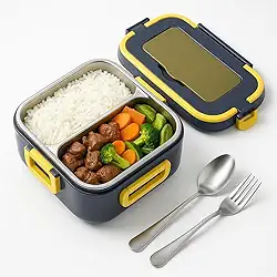 Marmita Elétrica Portátil Bivolt e Veicular 1,5L Inox – Azul com Amarelo | Refeições Quentes em Qualquer Lugar!