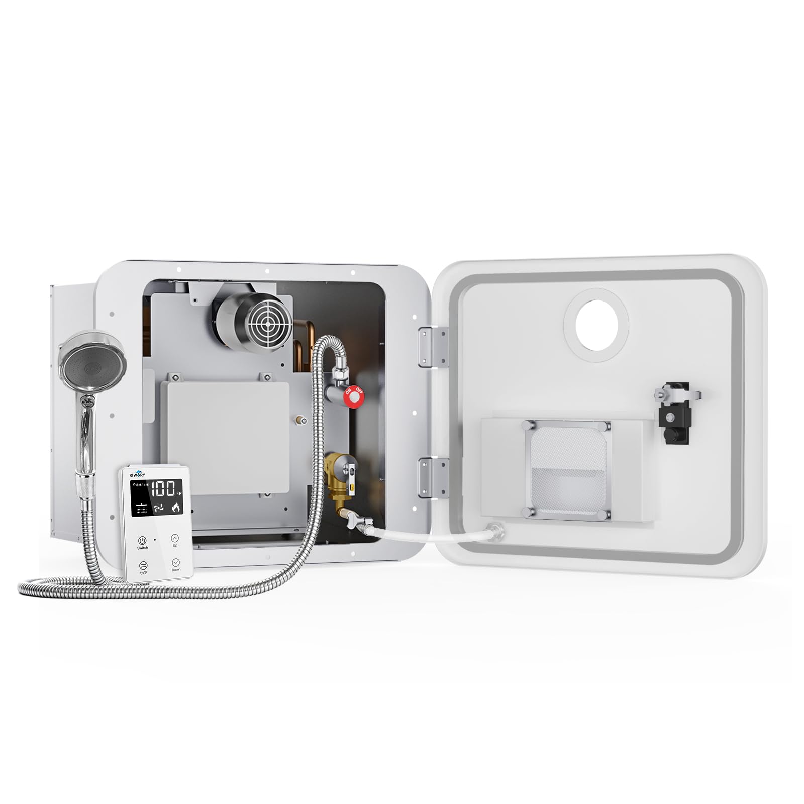 15x18 Tankless RV Water Heater with White Door, Propane, DC 12V