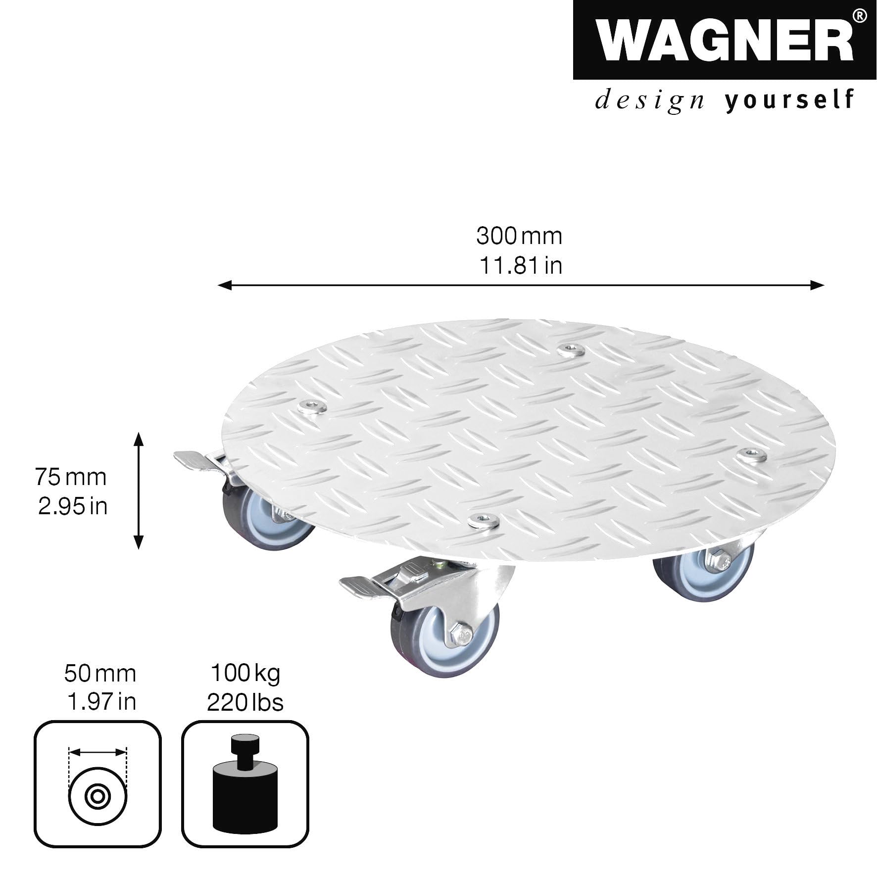 WAGNER Carrello per piante ALASKA Ø 30 x 7,5 cm I Carrello per fiori per interni ed esterni I Portavaso in alluminio con Ruote I 2 Ruote con freno I Portata 150 kg I Made in Germany - 20700501