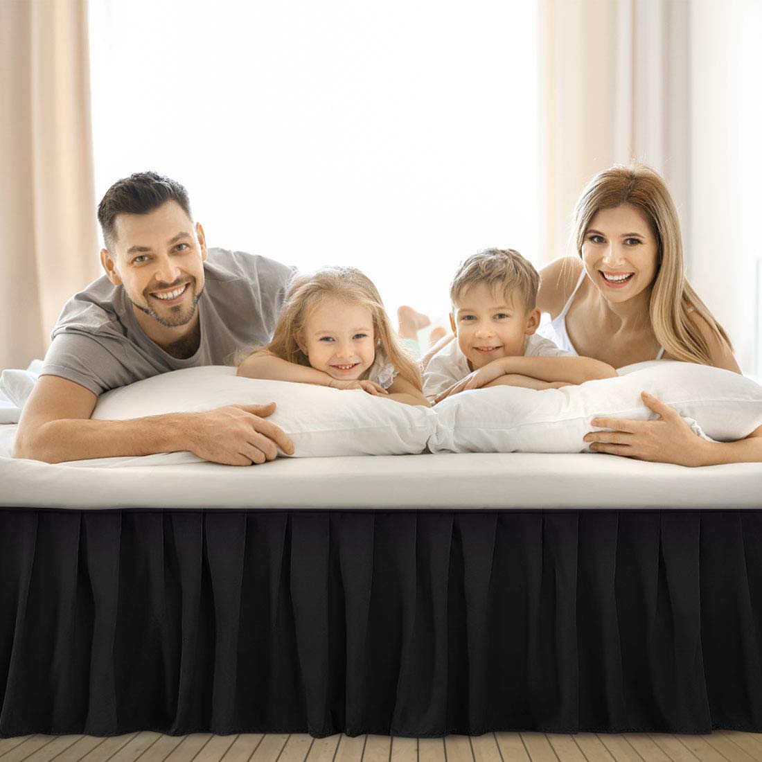 PiccoCasa - Gonna per letto con ruches in poliestere spazzolato di qualità hotel, durevole, resistente alle rughe e allo sbiadimento, per camera da letto, 45,5 cm, colore: Nero