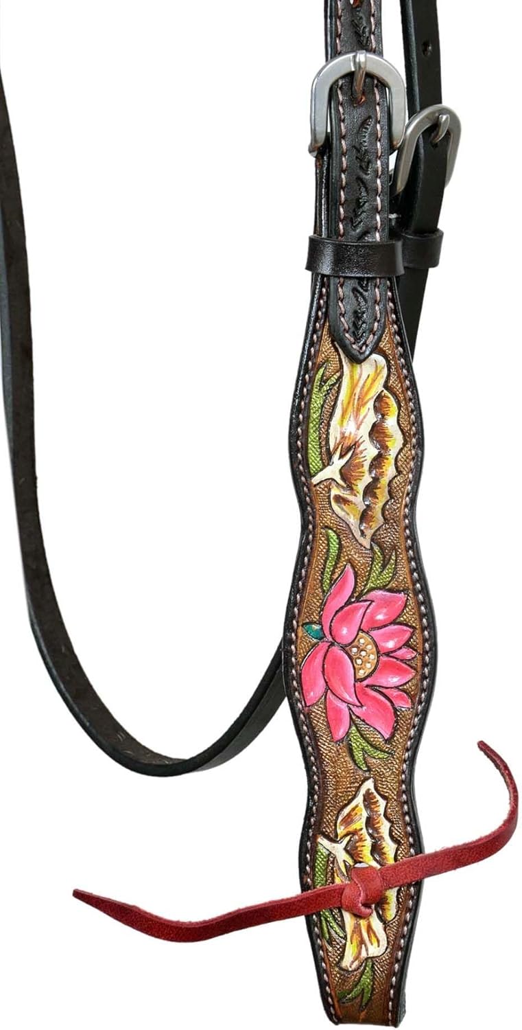 CHALLENGER Horse Horse Western Pink Lotus Hand-Painted Leather Bridle & Breast Collar Tack Set 78HR102B