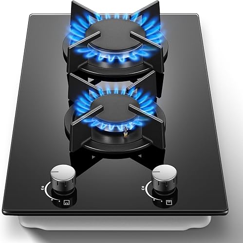 Estufa de gas de 2 quemadores, placa de propano de 12 pulgadas, estufa de gas integrada de vidrio templado negro con protección de termopar, placa