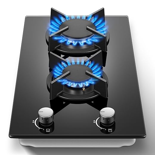 Gas Stove 2 Burner, Propane Cooktop 12 Inch, Built-in Gas Cooktop Black Tempered Glass Stove Top with Thermocouple Protection, LPG/NG Dual Fuel Hob for Apartment, Kitchen, RV