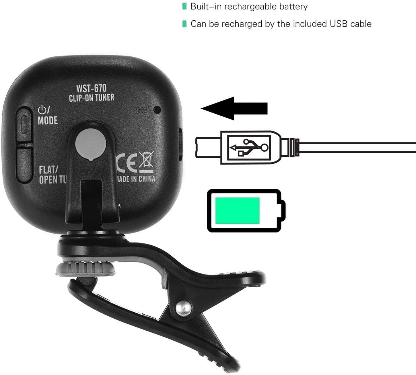 Tuner gitarowy Rechargeable Clip-On Guitar Tuner LCD Kolor Wyświetlacz Clip-On Tuner Odpowiedni dla wielu instrumentów