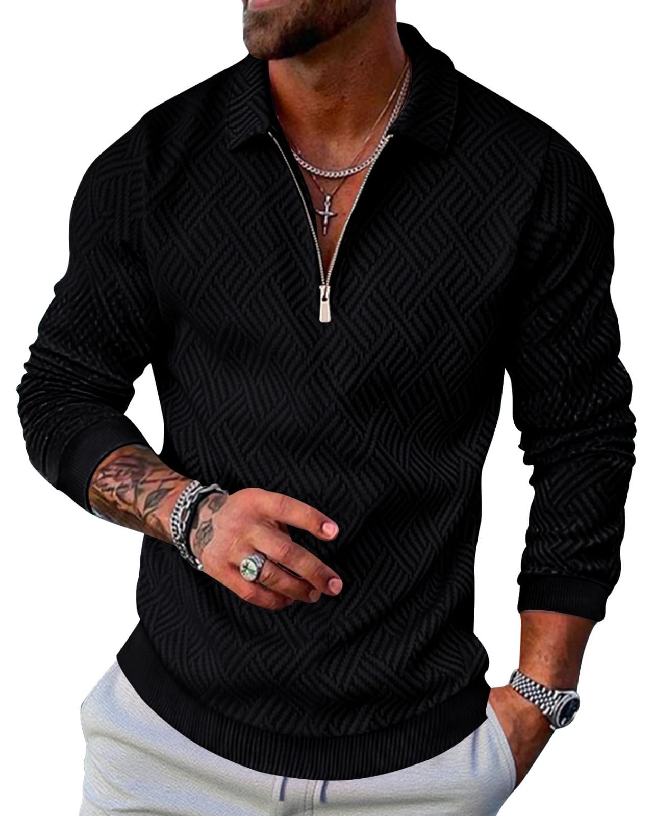 Pull Homme Hiver Zippé Sweat Shirt 1/4 Zip sans Capuche Polo Manches Longues Casual Sweatshirts M-3XL