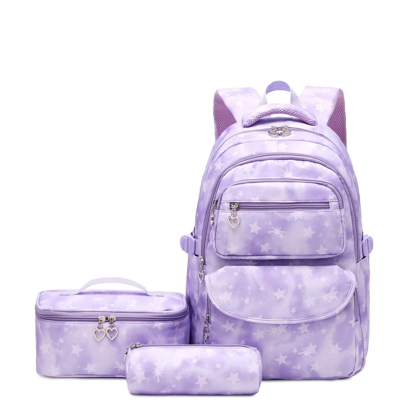 Tanou Mochilas Escolares Niña, 3 Piezas con Bolsa Térmica Estuche, 24 Litros Mochila Escolar para Primaria Secundaria, Mochila Colegio para Niñas de 8-14 Años, Estrella Morada