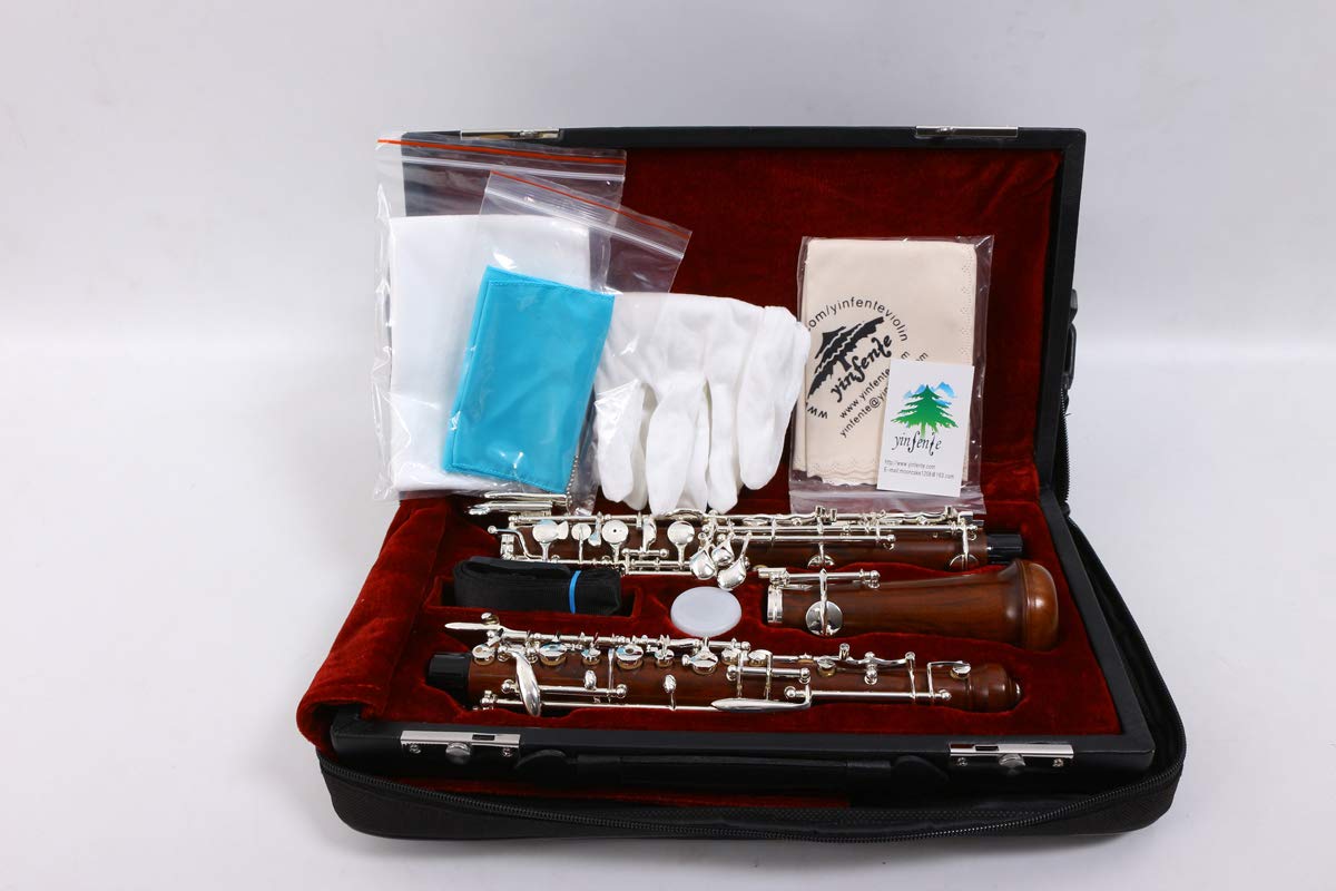 Yinfente Oboe professionale in palissandro placcato argento chiave C sinistra F risonanza semiautomatica strumento a fiato con ance per oboe e guanti, custodia in pelle + borsa per il trasporto e