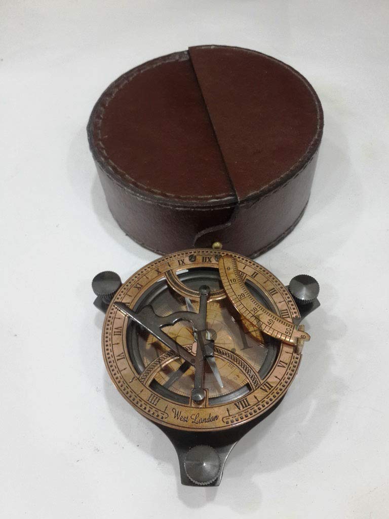 Brújula de Cobre y Bronce con Esfera Solar, 10 cm con Caja de Cuero marrón