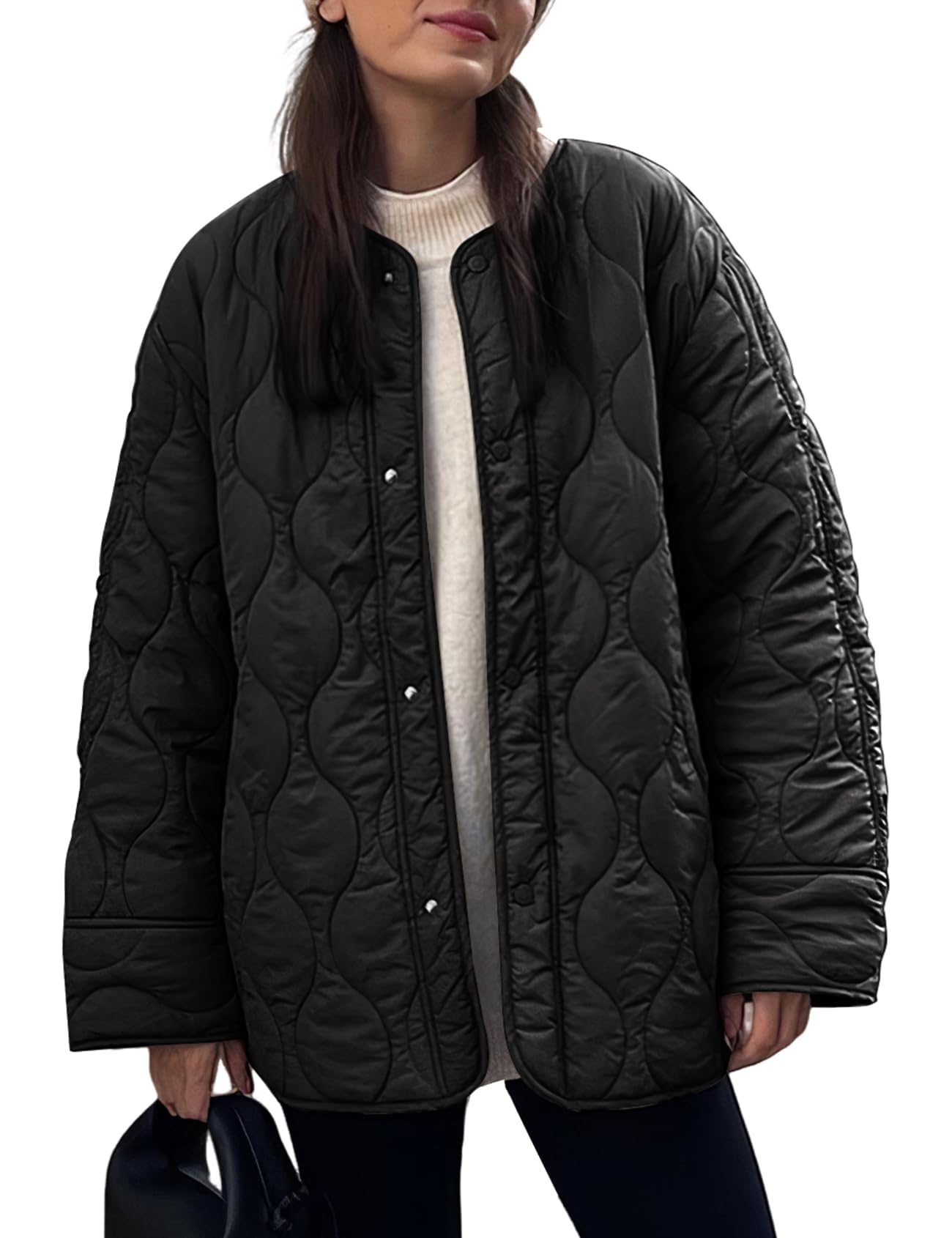 Women's Fall Winter Quilted Cotton Coat: Loose Fit Round Neck Casual Jacket, Solid Color Oversized Padded Outerwear for Trendy Daily Streetwear — view 11