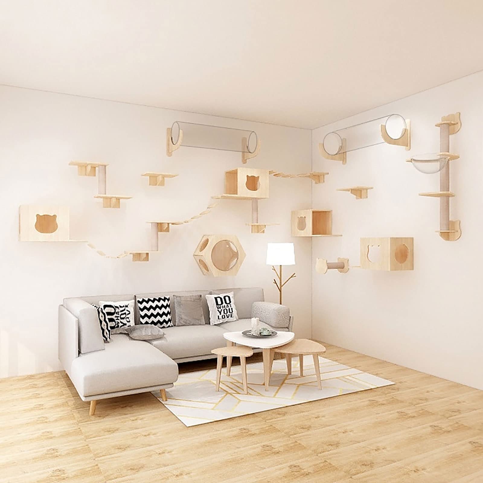 Wall-Mounted Cat Furniture Set - 5-Piece With Shelves, Hammock, Bridge, Tree & Scratcher (Beige)