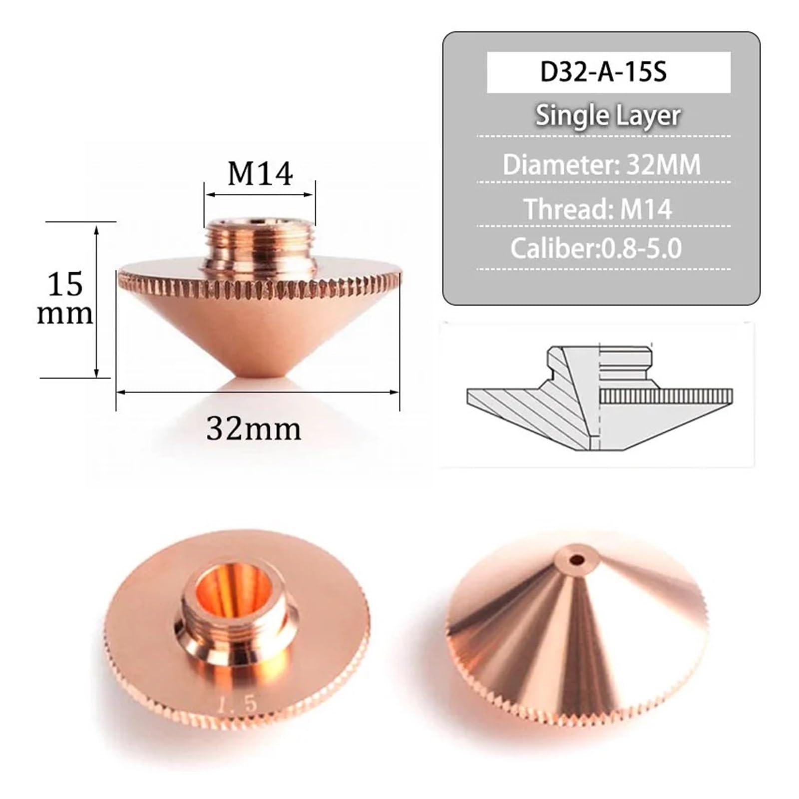 Pojedyncza podwójna warstwa, średnica 32 mm, M14, kaliber 0,8-4,5 mm, do dyszy laserowej maszyny do cięcia włókien