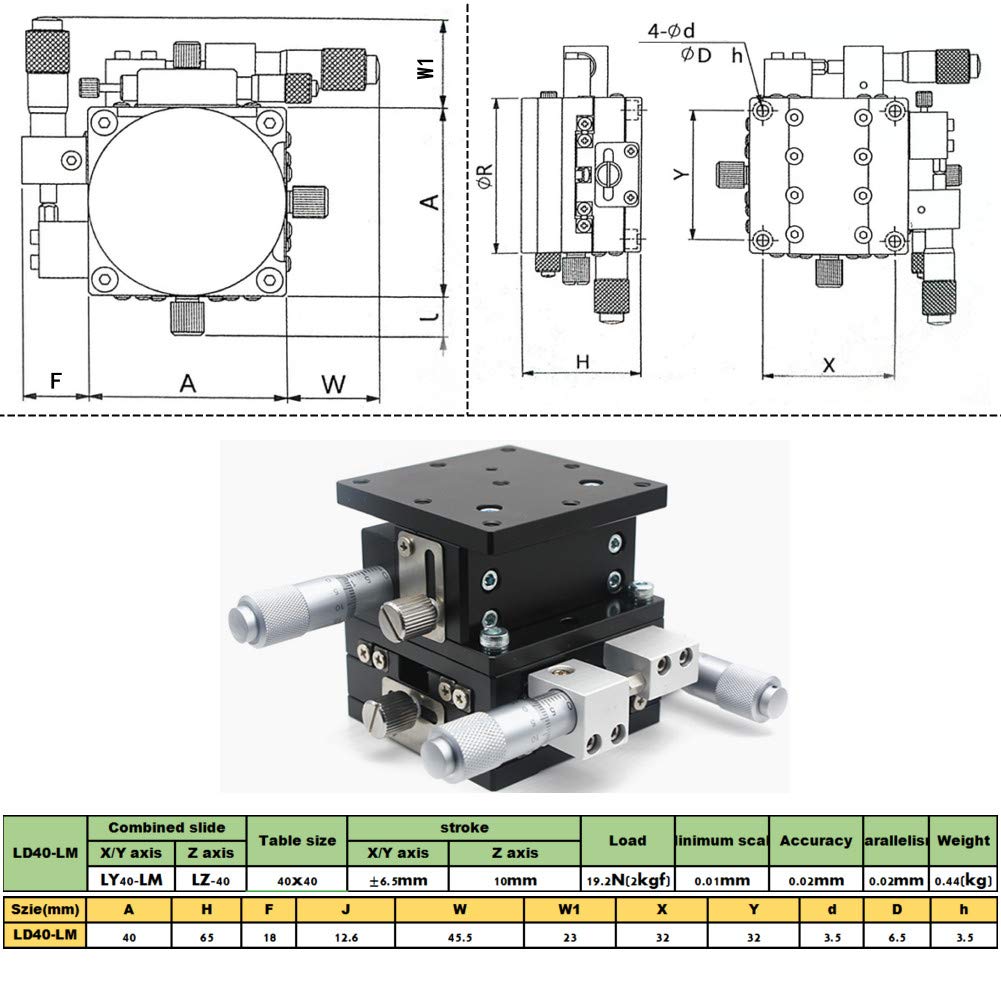 LD40-LM 3 Achsen 40x40mm XYZ Lineartisch, Schiebetisch Manuelle Verstellplattform Objektträger für Mikroskop, Transporter, Prozessmaschine, Medizintechnik, Druckmaschine