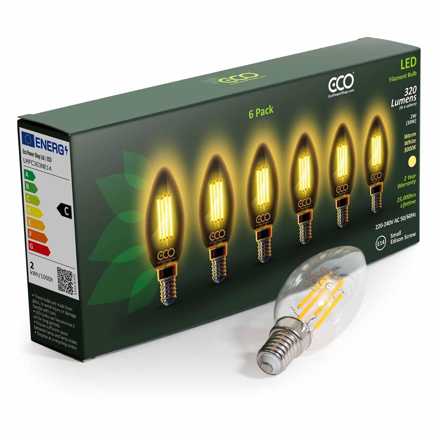 ECO 30W Equivalent 2W LED Filament Candle Light Bulb, 320 Lumens, Warm White 3000K, E14 SES Small Edison Screw
