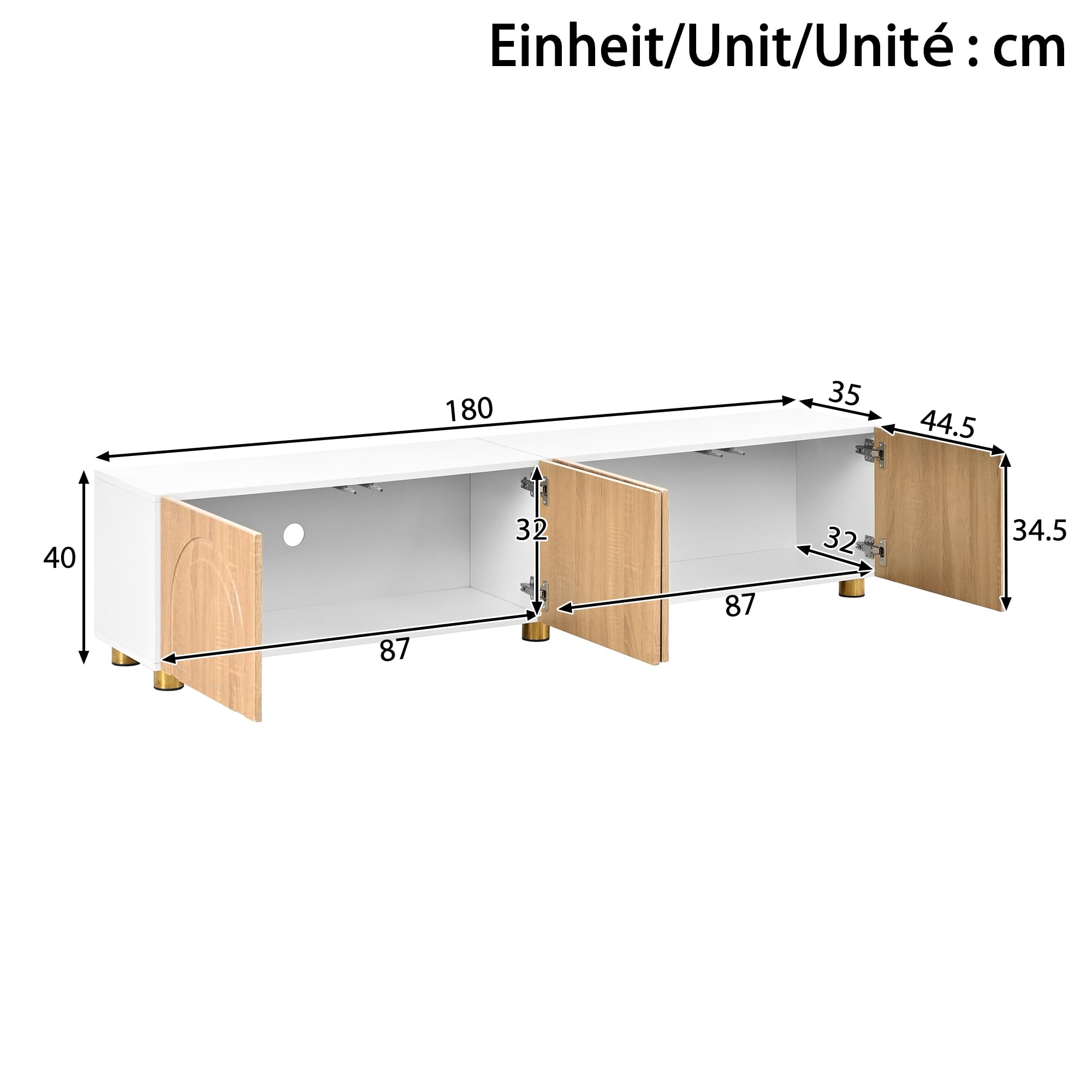 Mobile basso per TV, lunghezza 180 cm, 4 ante con effetto | Mobile TV per soggiorno, corridoio, tavolo TV, piedini in metallo, supporto per TV, molto spazio