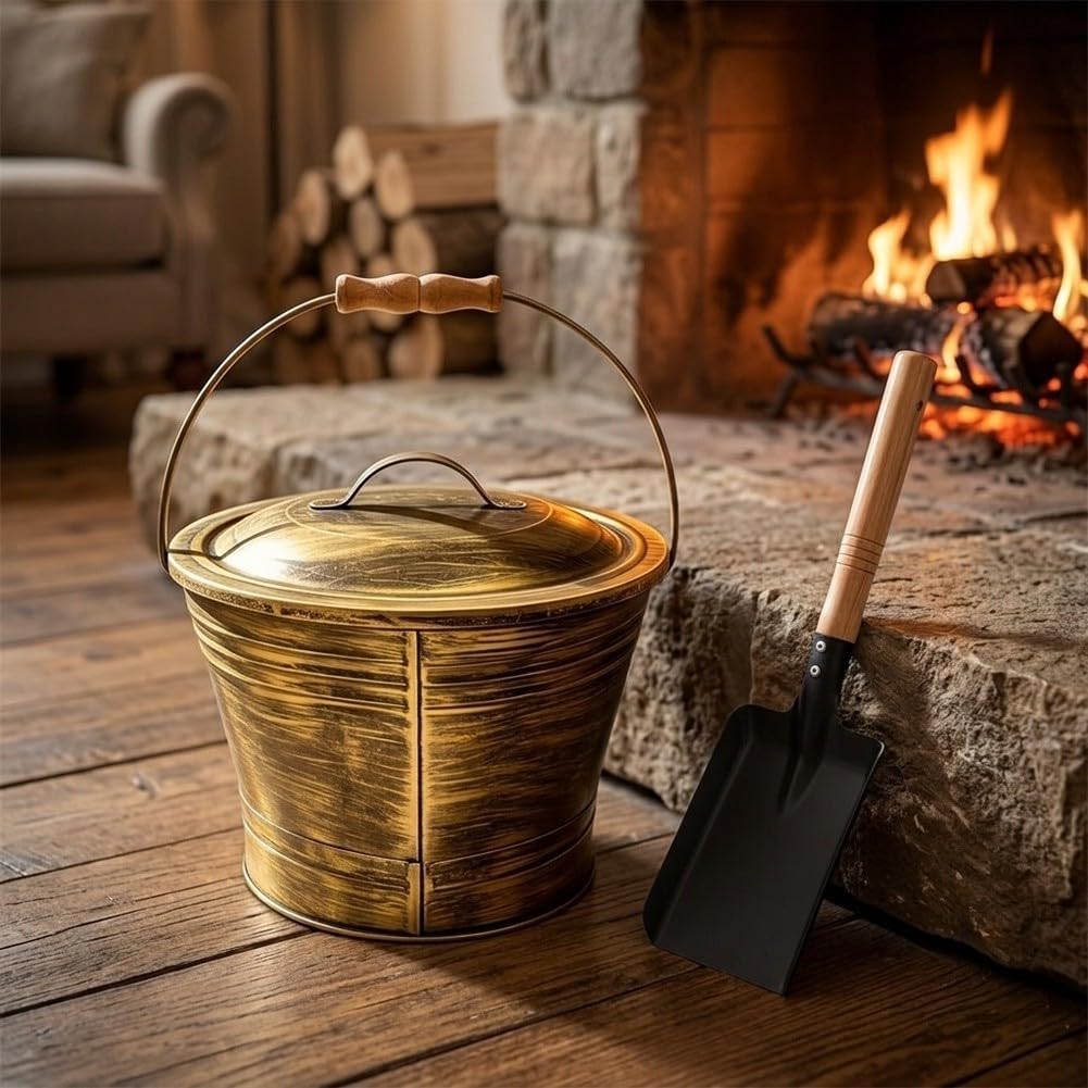 Set Attrezzi da per camino 3 con Pala Secchio e Scopa in Ferro - Accessori per Stufa Legna Design 36cm(3-piece set)