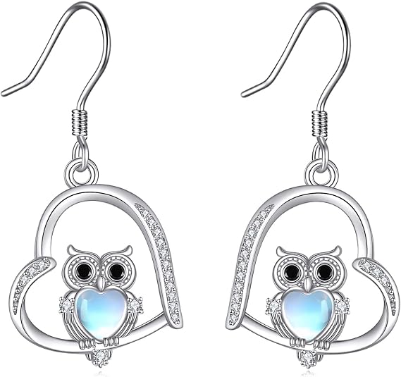 Owl Earrings 925 Sterling Silver Moonstone Heart Shape Dangle Drop Earrings Owl Jewelry Gifts for Women