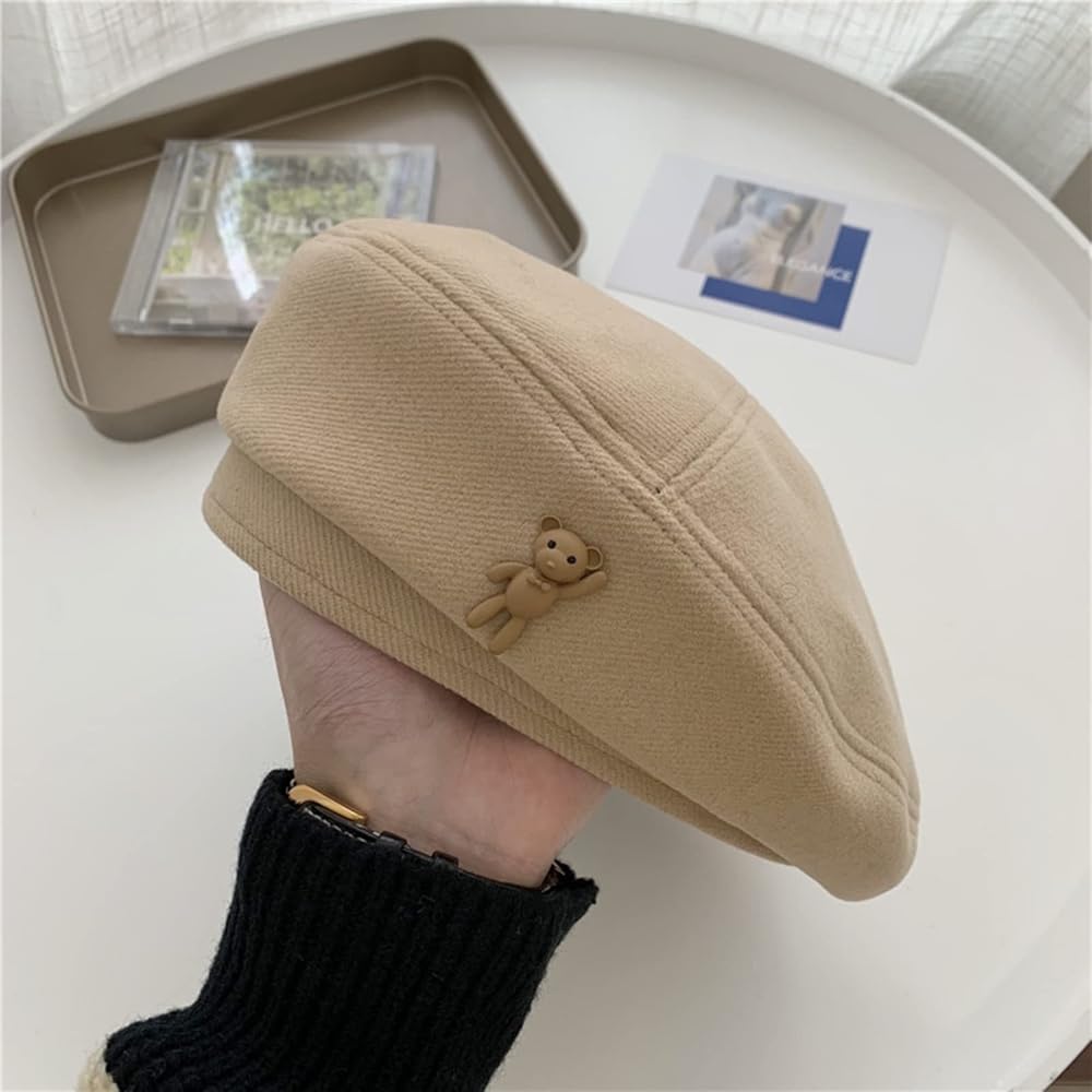 Women Y2K Bear Beret Hat Wool Painter Korean Retro Vintage