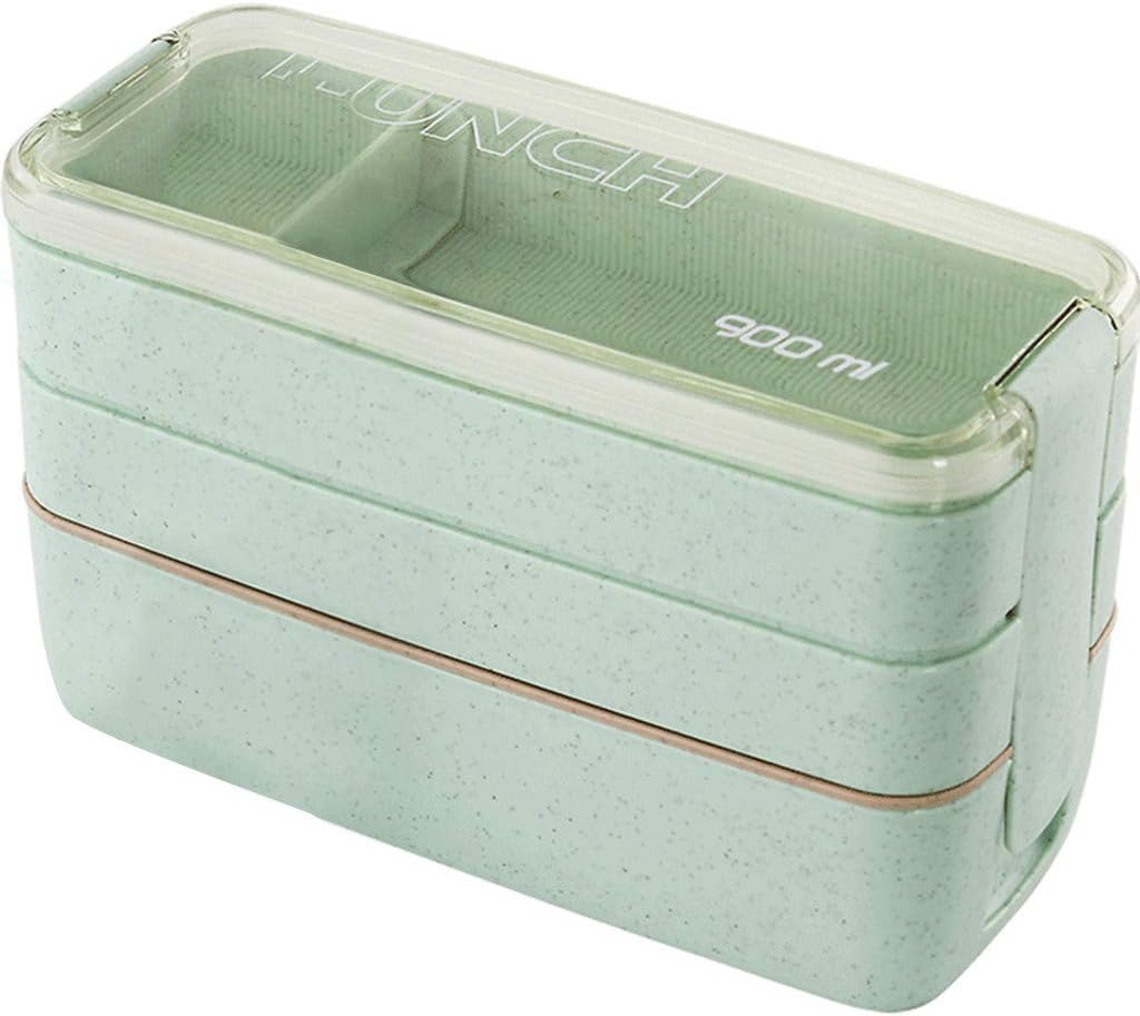 Leakproof Bento Lunch Box for Kids, Diadia 3 Layer Bento Box 900ML Lunch Container Set Cute Safe Prep Box for Boys Girls Children School (Green)