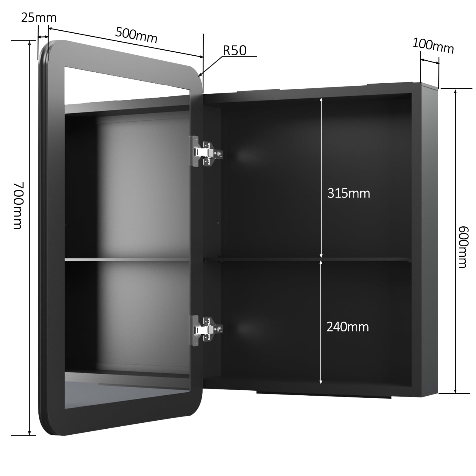 Spiegelschrank Schwarz Spiegelschrank 50x70cm Bad Metall Badezimmerschrank mit Spiegel Badezimmerspiegelschrank mit Verstellbare Glasablage
