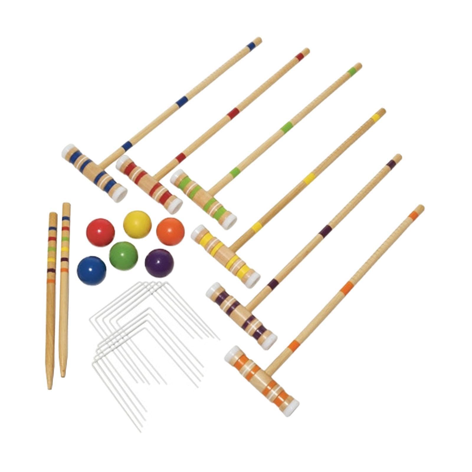 Outdoor Krocketset mit Holzschlägern und farbigen Kugeln für unterhaltsame Gruppenaktivitäten bei Gartenfesten oder Anderen besonderen Anlässen. Sportliches Outdoor