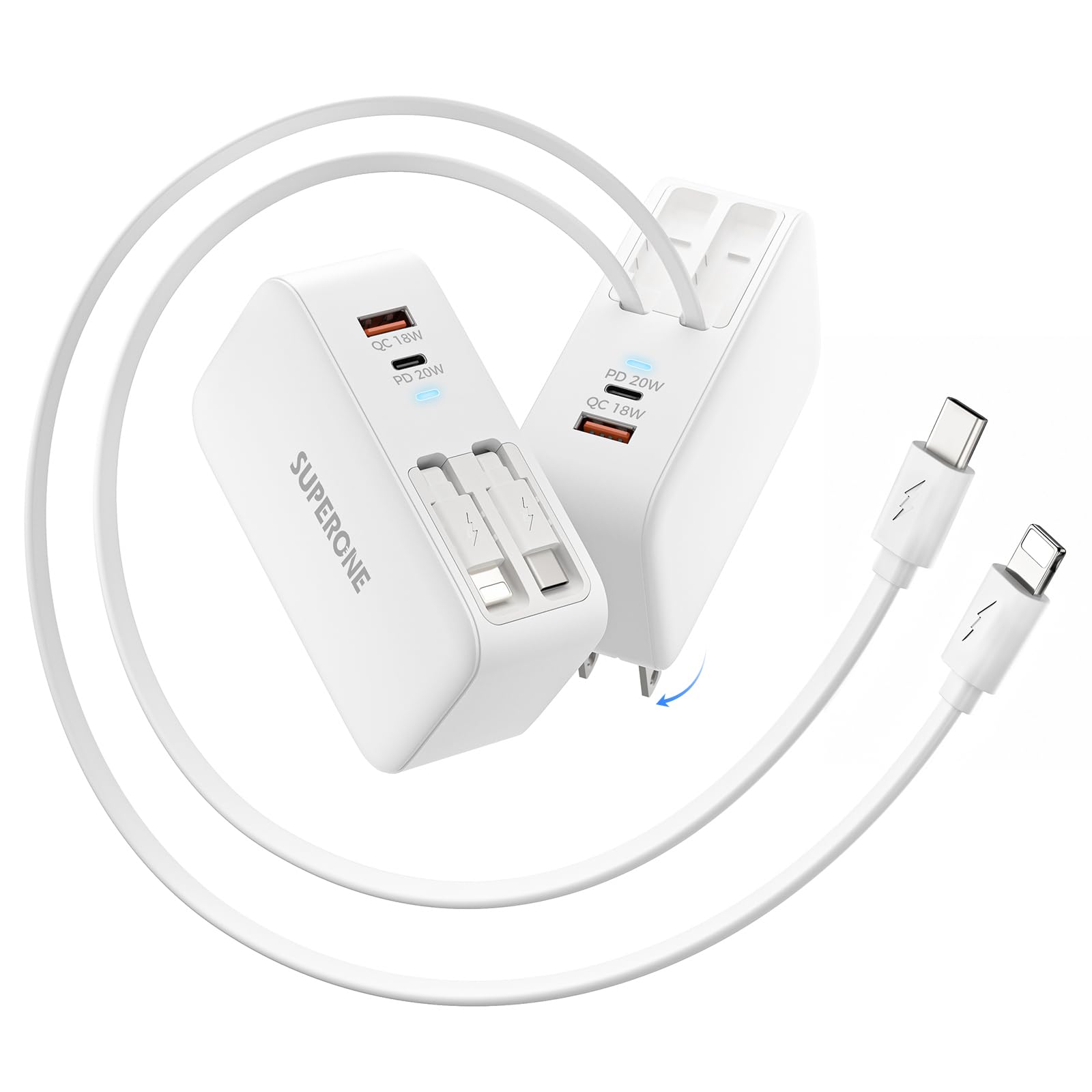 SUPERONE Retractable iPhone Charger, 4-Port USB C Charger Block, iPhone Chargers Fast Charging with USB C & Apple Cable, Wall Chargers for iPhones 16/15/14/13/12/11 Series, Pad, Samsung, Pixel