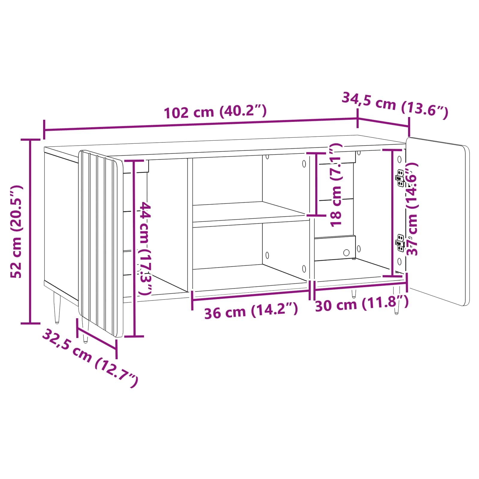 TV-Schränk Weiß aus Holzwerkstoff 102 x 34,5 x 52 cm mit 90° Schwenktüren und Stahlbeinen, modernes Sideboard mit Stauraum für Wohnzimmer, Medienkonsole, HiFi Rack und Gaming Zubehör