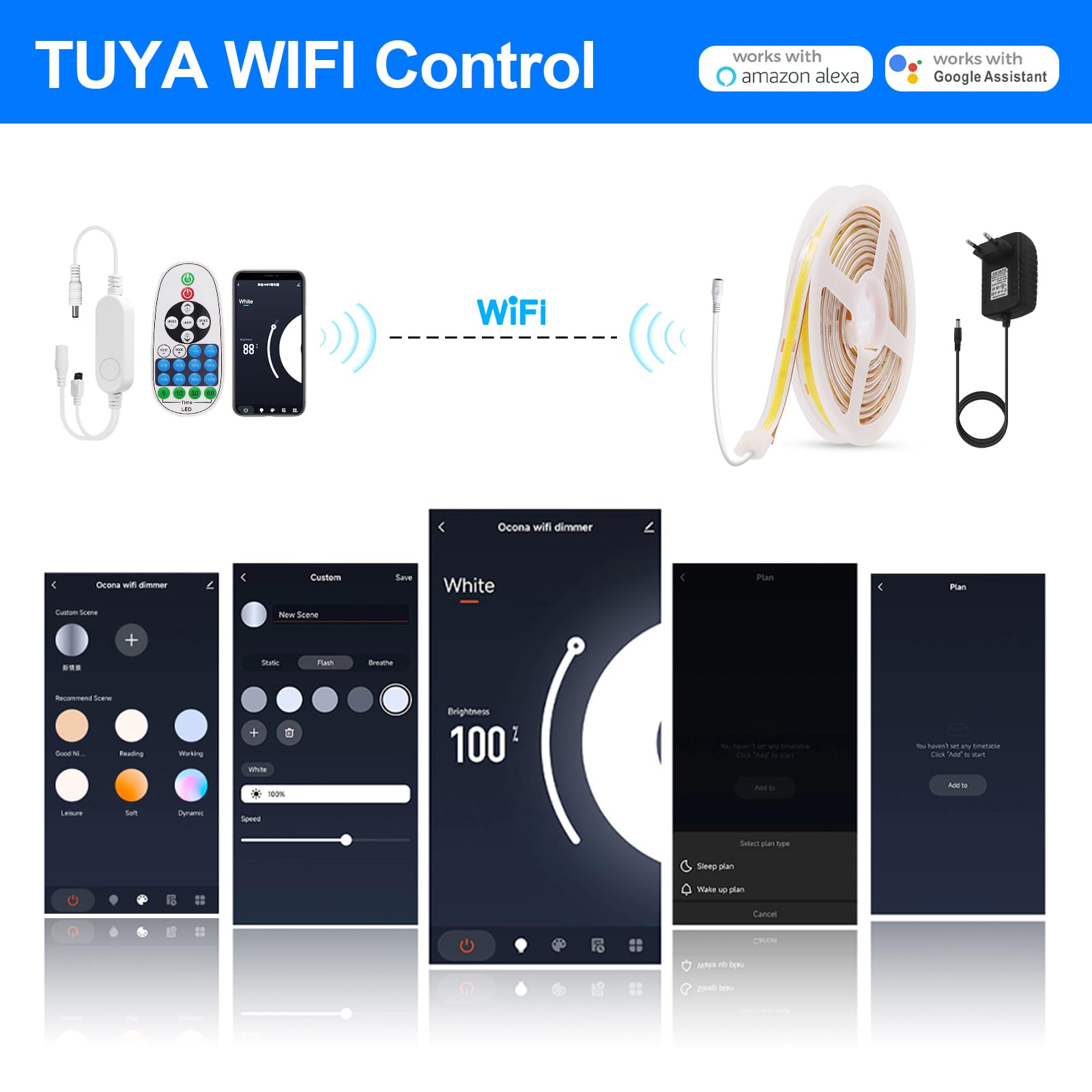 KISUFU Tira LED COB 24V, 480 LEDs/m Impermeable IP65 Luces LED Flexible Pegamento de doble cara Tira Luz LED con WIFI 23 teclas IR Dimmer para Cocina, Dormitorio, Baño, iluminación DIY