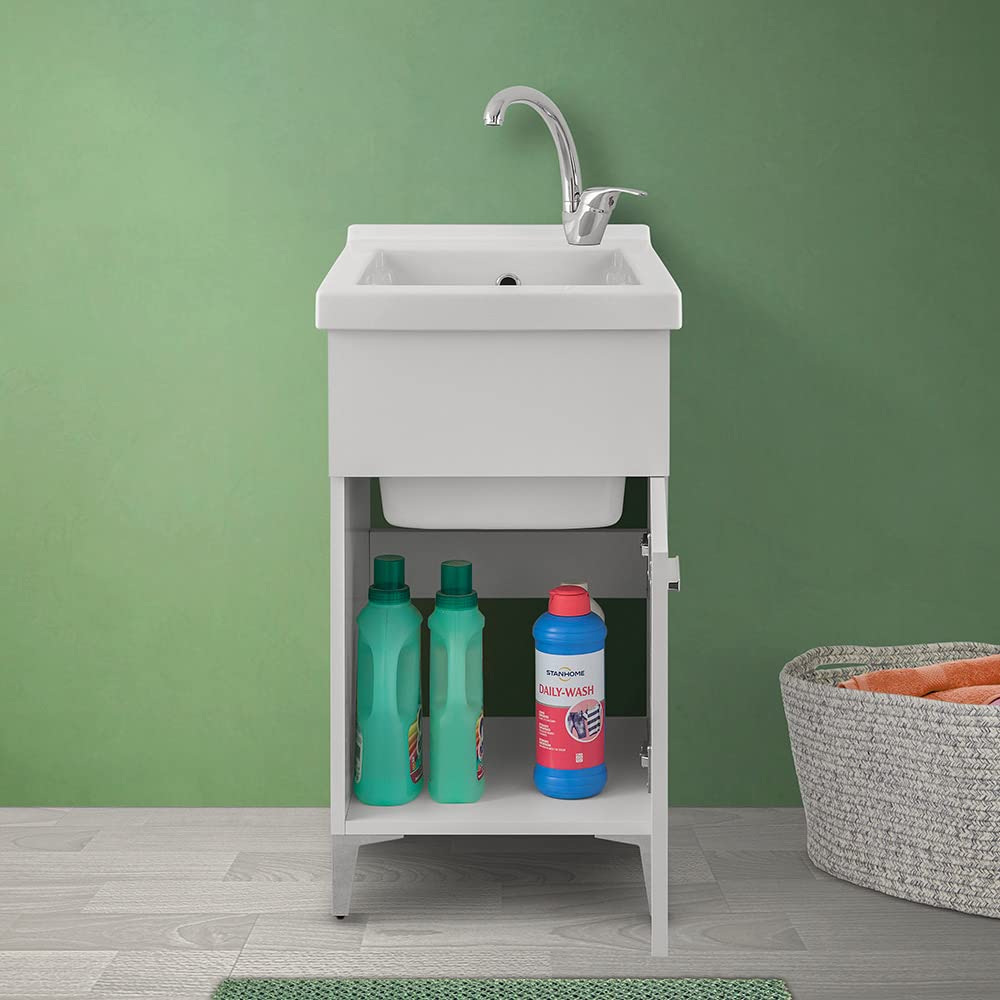 Mobile lavatoio Lavanderia 45x50 cm in Legno con Vasca in Ceramica, Montato, Completo di Kit sifone e piletta (Bianco)