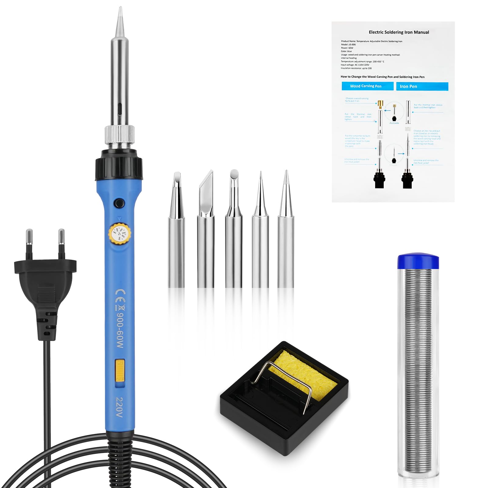 Flintronic Tin Solders, 60W 8 in 1 Professional Soldering Iron, with Adjustable Temperature 200°C-480°C, 5pcs Tips, Stand, Sponge, Soldering Wire