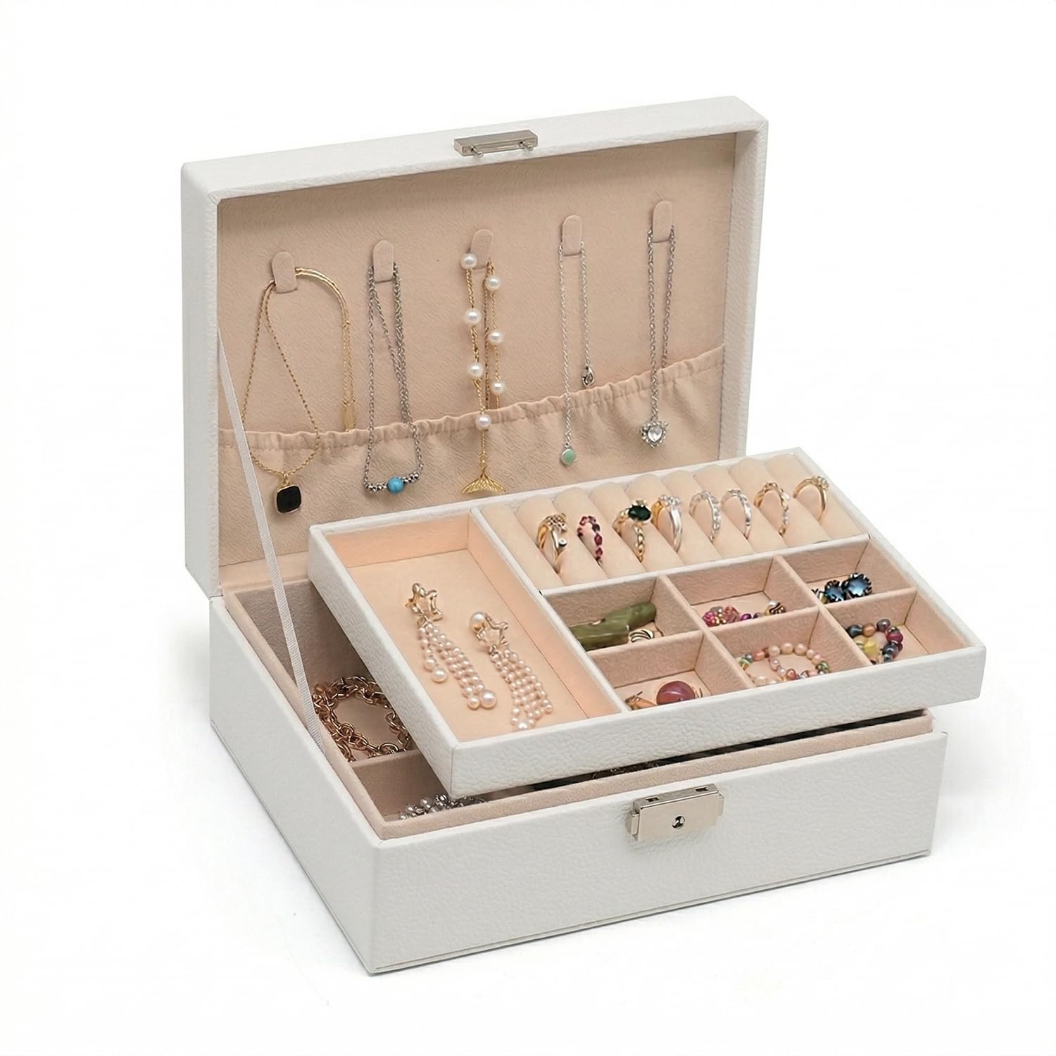 Pahajim Jewellery Box Organiser for Women, 2-Layer Large Jewelry Storage Case with Lock, Waterproof PU Leather Jewelry Case for Earrings Necklaces Rings Bracelets, Elegant Gift Idea (White)