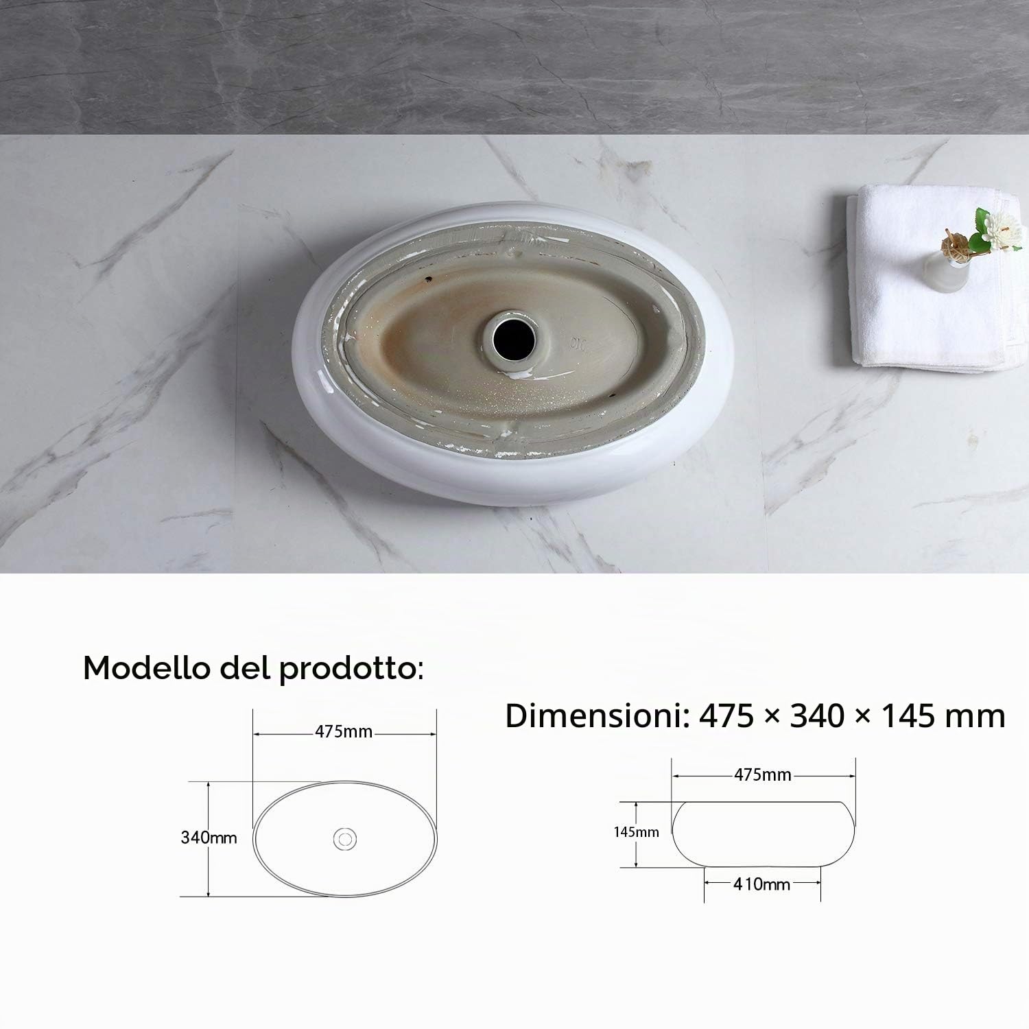 Lavabo in Ceramica Lavabo Ovale Bianco di Alta Qualità Lavabo da Appoggio Lavabo da Appoggio per Cucina Bagno Guardaroba