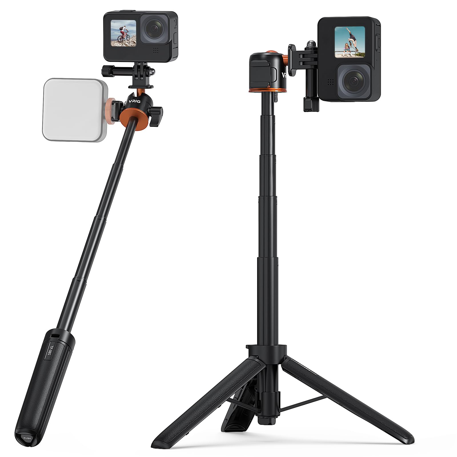VRIG TP-08S Selfie Stick Stativ für GoPro, 360° Kugelkopf & Cold Shoe, 55 cm Teleskopstange Stativ für Insta 360 Ace Pro 2, DJI Osmo Action 6/5 Pro/ 4