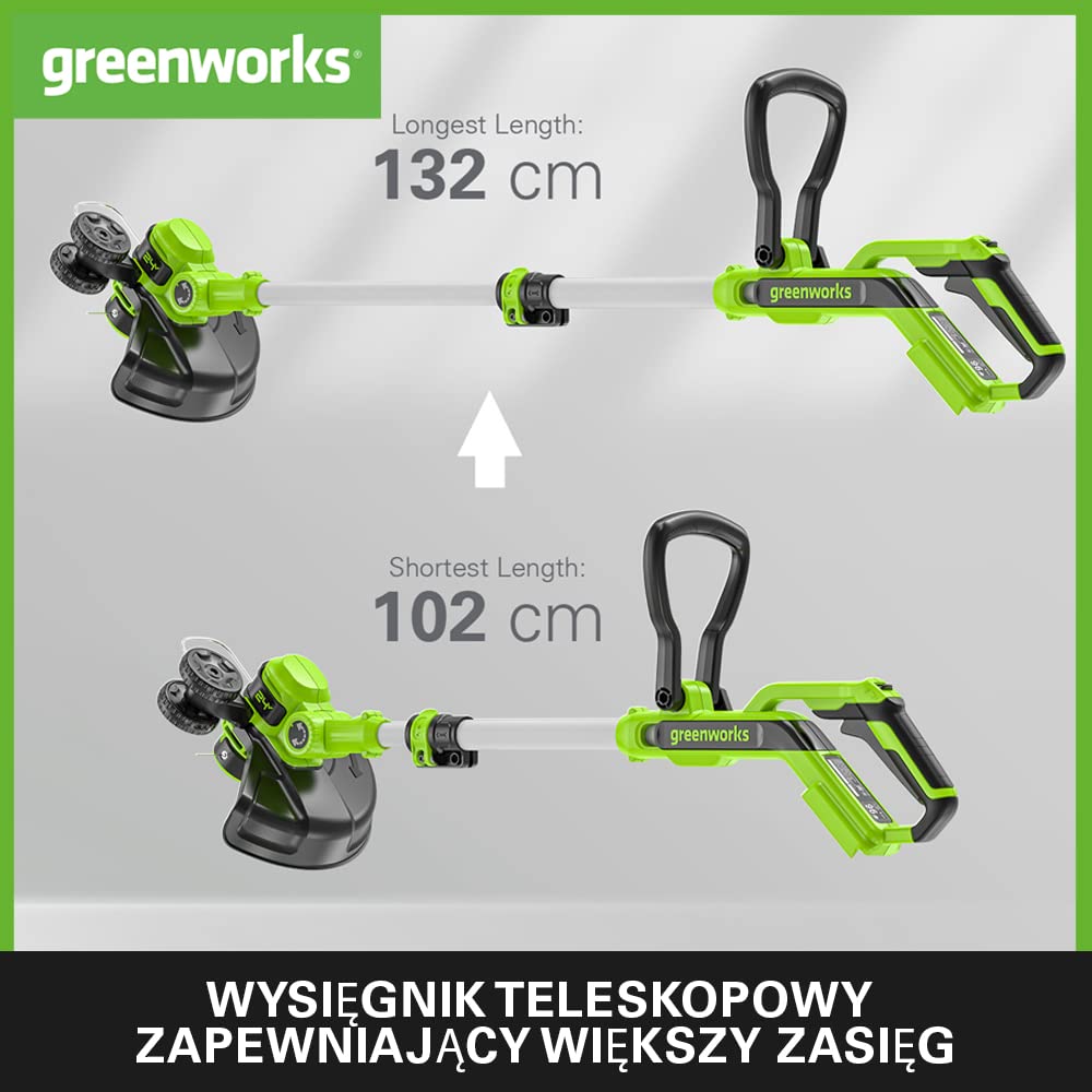 Greenworks G24LT30K2 Akumulatorowa Podkaszarka do Małych i Średnich Ogrodów, Szerokość Cięcia 30 cm, Automatyczny Wysuw Żyłki Nylonowej 1,65 mm, Bateria 24V 2Ah i Ładowarka