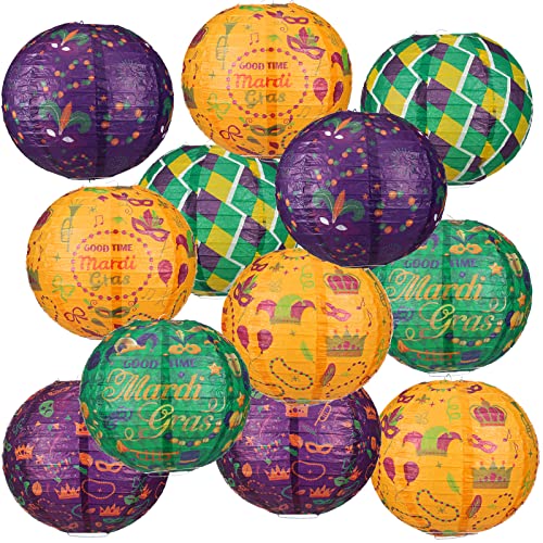 Image of Panelee 12 Pcs Mardi Gras Party Decorations Paper Lanterns Carnival Yellow Green Purple Hanging Round Paper Lanterns 8 Inch for Mardi Gras Office Classroom Party Decorations Supplies Indoor Outdoor