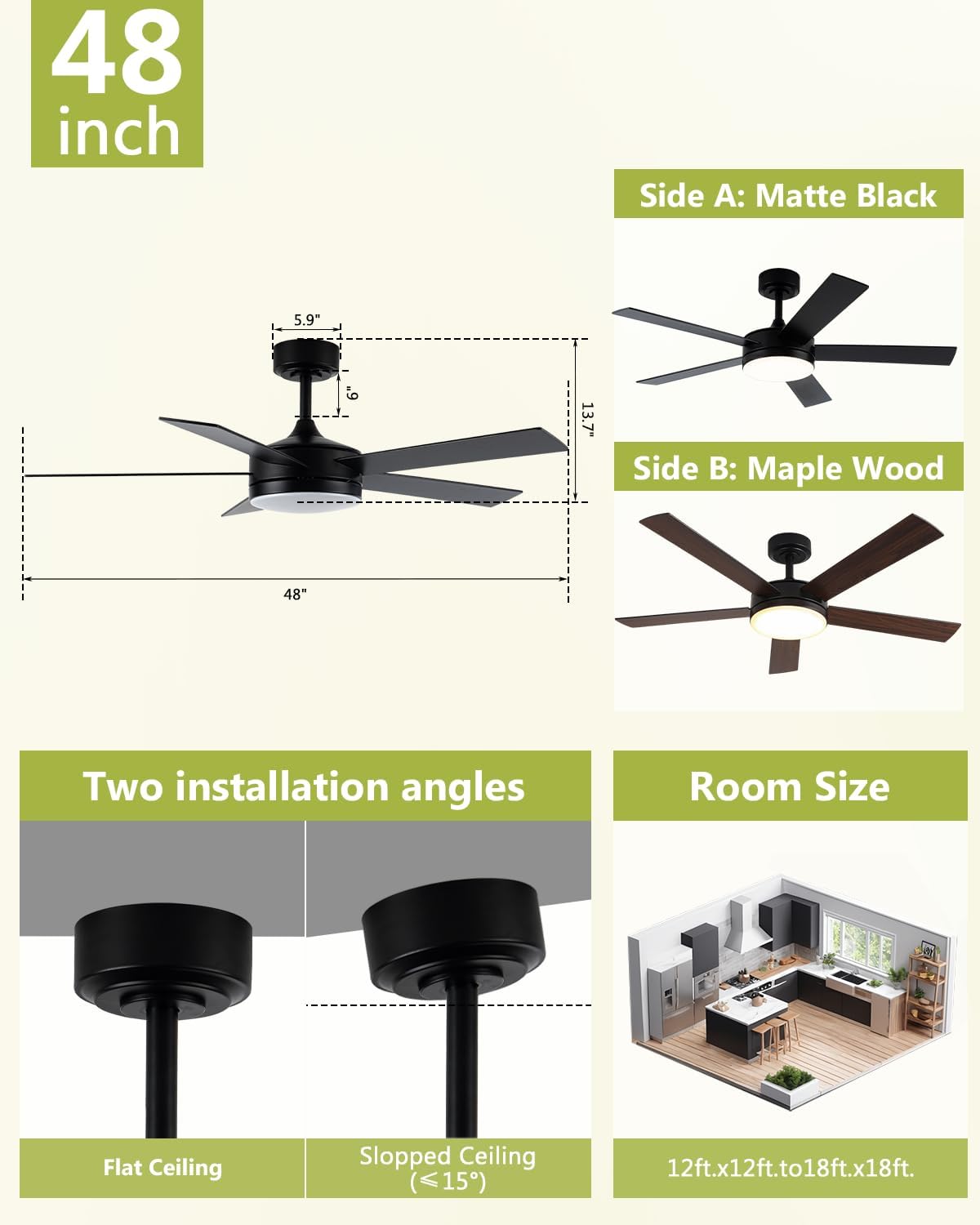 Ceiling Fans with Lights, 48 Inch Black Ceiling Fan with Light and Remote Control, 3CCT, 6 Speeds, Quiet DC Motor, 5 Blades Modern Ceiling Fan for Living Room Bedroom Patio Indoor Outdoor Use