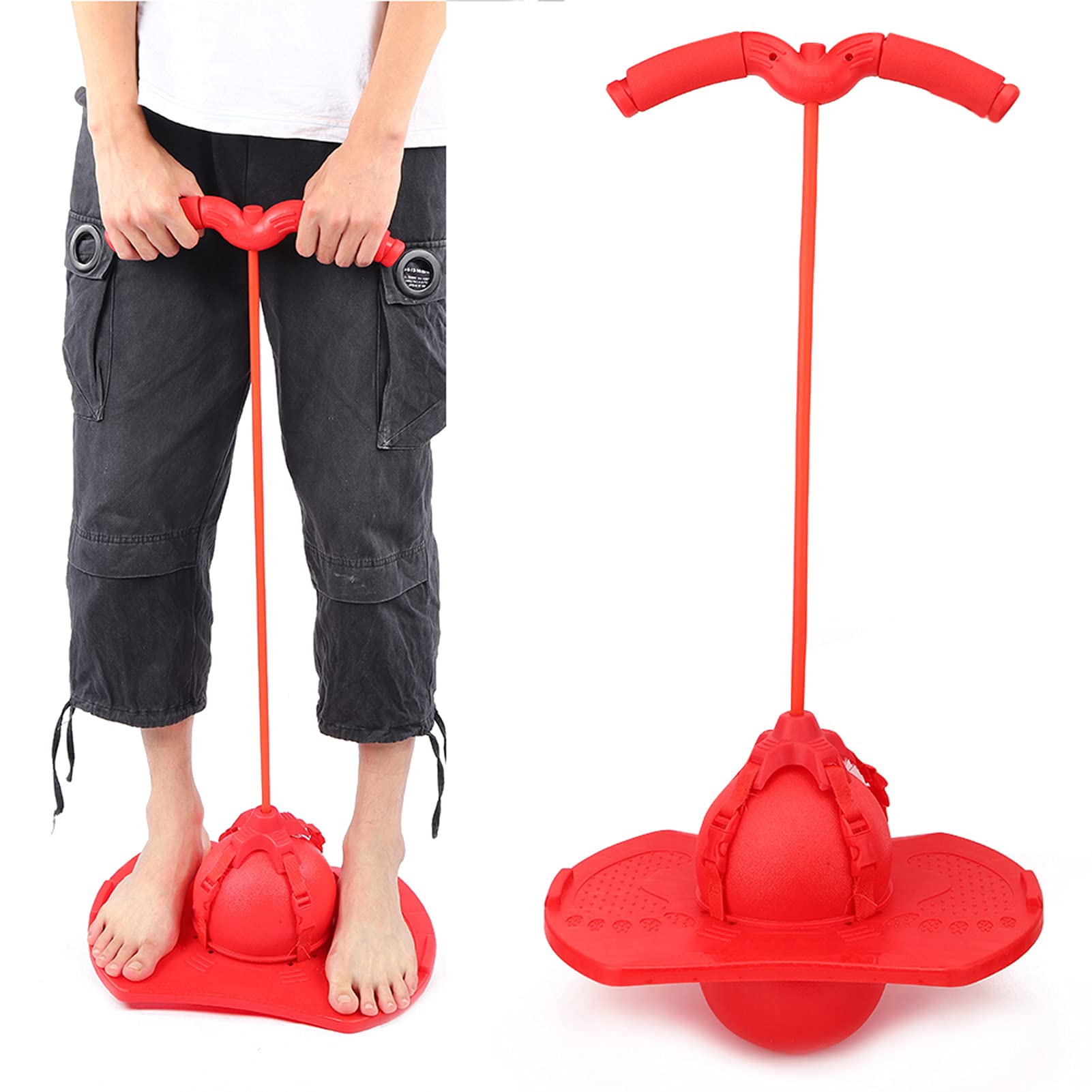Kuuleyn Hopping Ball for Kids Bouncy Ball for Kids Fitness Equipment Children Jumping Exercise Bounce Space Ball Foot Pedal With Pull Rope Handle Kid Toy(2 colors) (Red)
