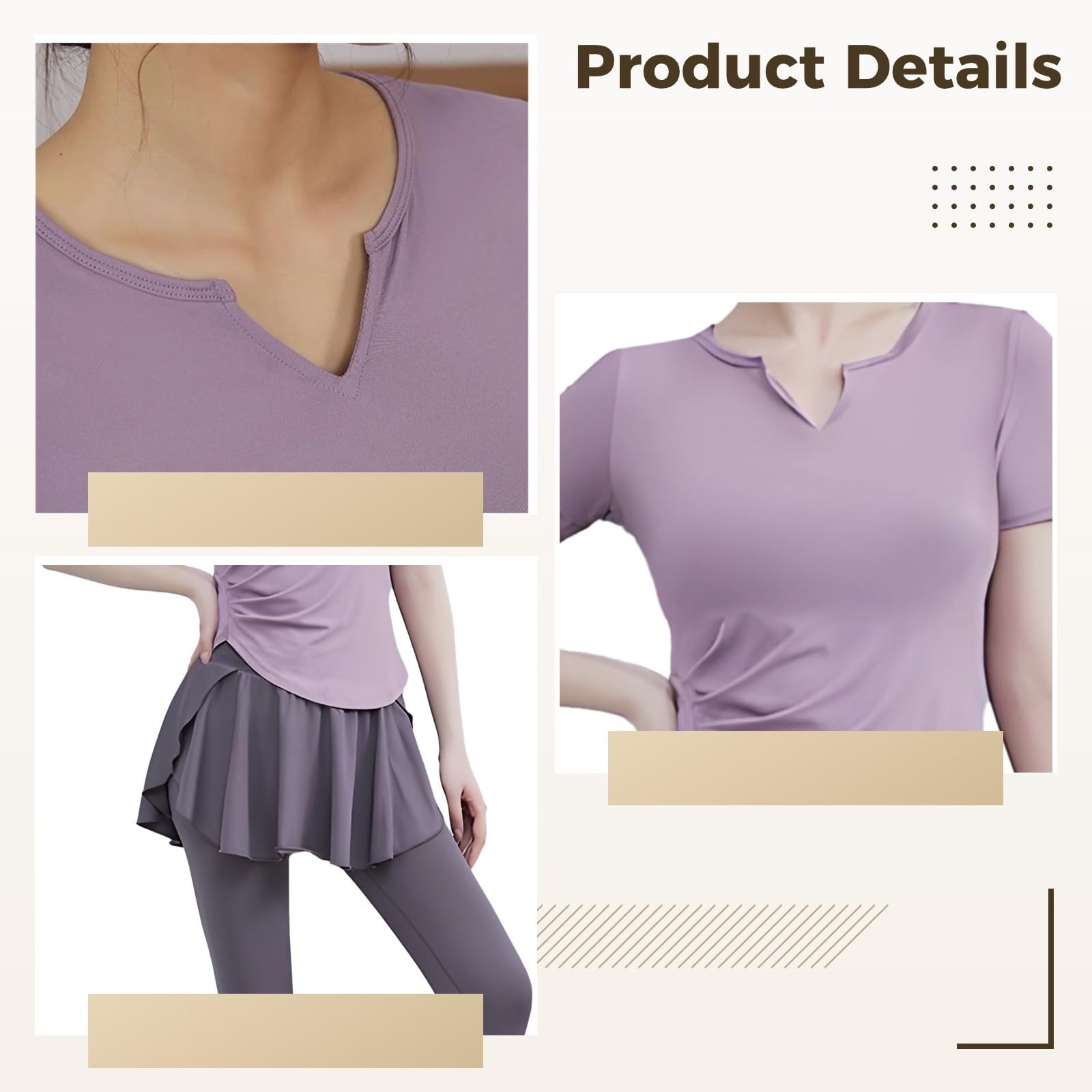 2-teiliges Damen-Fitness-Set in XL, kurzärmeliges Oberteil mit V-Ausschnitt und Leggings mit hoher Taille für Pilates und Yoga, atmungsaktives Spandex-Poly-Material, violett, Einheitsgröße