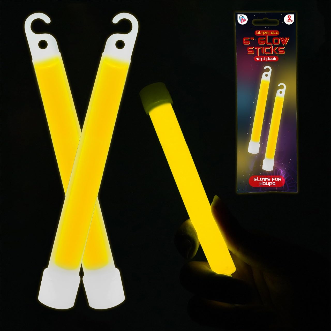 Par de varillas luminosas con gancho, tubos de luz amarilla, luz de fiesta de larga duración para aventuras al aire libre, varillas brillantes impermeables y no tóxicas con ganchos adjuntos, 15 cm
