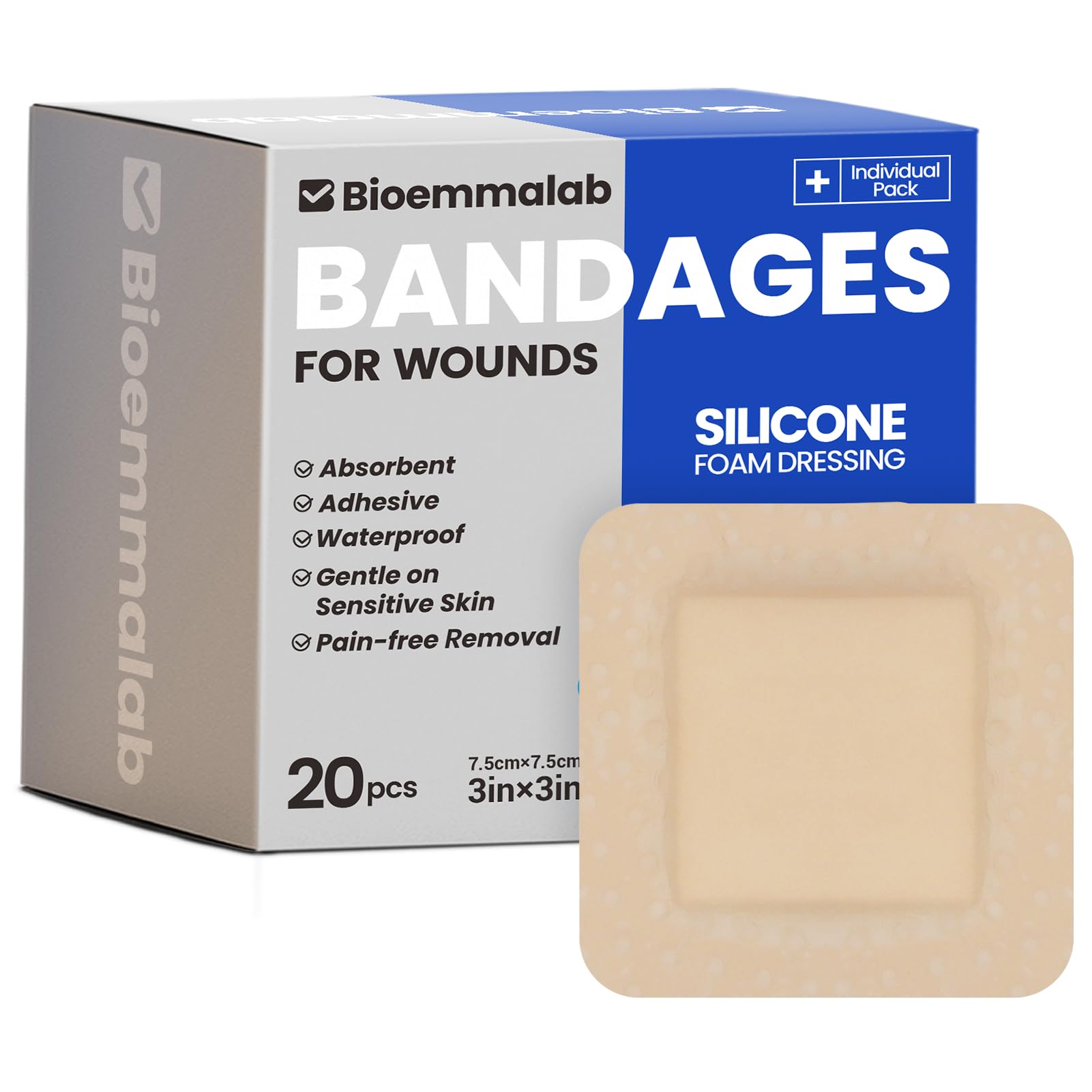 Large Waterproof Bandages 3X3 Silicone Foam Dressing Sensitive Skin, 20 PCS
