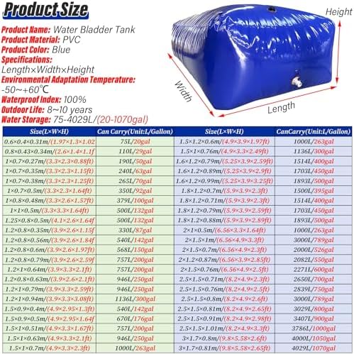 Emergency Water Storage Bladder - 500 Gallon Collapsible Water Tank for Agriculture & Garden Irrigation, Large Capacity with Valve (1.8x1.2x0.88m)